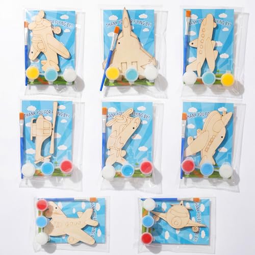 Saypacck 24 Pcs Airplane Party Favors Wooden Painting Craft Kits Birthday Party Supplies with Organza Bag for Goodie Bags Fillers Adult Thank You Gifts - style: Airplane