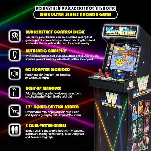 Arcade Classics - WWE Ultra Series Game Machine, 5 Games, 17" Liquid Crystal Screen - Indoor Cabinet, Retro, Gaming Console, Basement Decoration, Man Cave - style: WWE Ultra Series