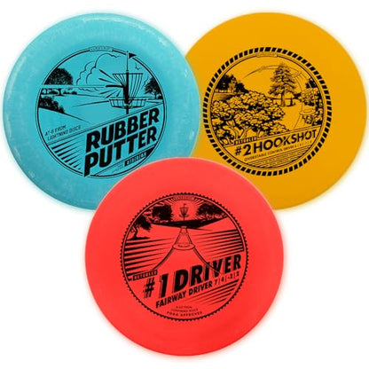 Lightning Disc Golf 3-Disc Set – Rubber Putter (2 | 3 | 0 | 0.5), #2 Hookshot (6 | 5 | -1 | 2), #1 Driver (7 | 4 | -2 | 2) – Sure Grip Plastic for Beginners - Contains a Driver, Midrange & Putter