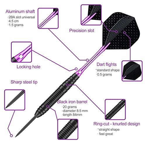 Darts Metal Tip Set - 3 Pack Professional 22 Grams Steel Tip Darts with Slim Case Black Purple Blue Aluminum Shafts 9 Flights 50 Rubber O'Rings 1 Dart Sharpener 12 Spring Rings - color: 22 Grams - purple
