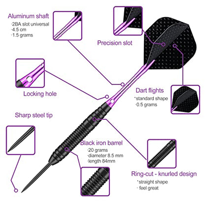 Darts Metal Tip Set - 3 Pack Professional 22 Grams Steel Tip Darts with Slim Case Black Purple Blue Aluminum Shafts 9 Flights 50 Rubber O'Rings 1 Dart Sharpener 12 Spring Rings - color: 22 Grams - purple