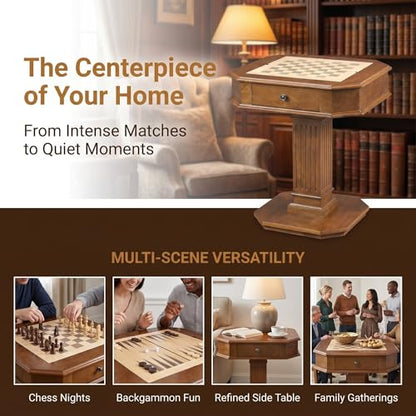 Walnut Finish Chess Game Table with Fluted Square Pedestal | Hidden Storage Drawer, Reversible Tabletop, Chess & Backgammon Game Board, Sturdy Elegant Base, Side Table - size: 28''-Chess Table Walnut + Fluted Square Pedestal