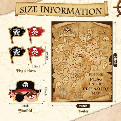 Faccito Pirate Treasure Map Party Games Pin The Flag on The Treasure Map Adventure Pin Game Set Include Poster 24 Flag Stickers Blindfold for Pirate Birthday Party Decorations Activities Supplies - style: Pirate Map