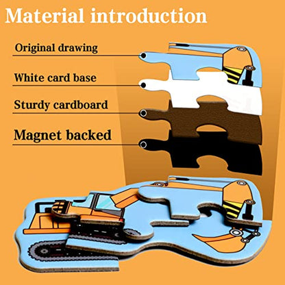 Magnetic Puzzles for Kids Ages 3-5, Travel Toddler Puzzles Ages 4-6 Year, Excavator Refrigerator Magnet for Kids Learning Gift for Road Trip, Activities Toys for 3 4 5 6 Year Old Boys Birthday Gifts - style: Engineering vehicle