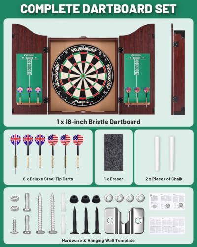 Dart Board Cabinet Set for Adults, 18-inch Sisal Dartboard with 6 Steel Tip Darts