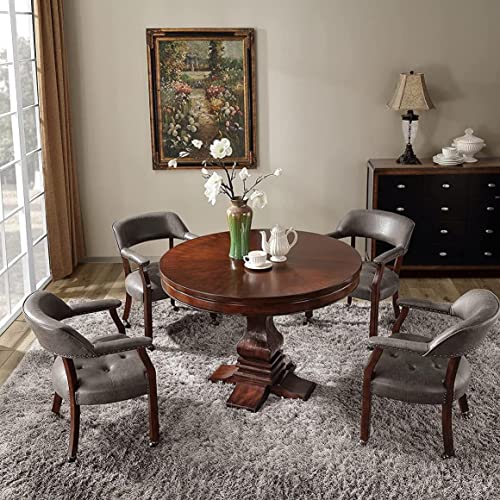 Set of 4 Dining Chair with Casters, Accent Captains Chairs with Wheels & Arms,Wheeled Roller Wood Chairs for Kitchen & Game Poker Table,Cherry&Grey 1533GY(NO Table!) - color: Cherry&grey