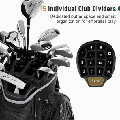 uniHimal Golf Cart Bag, 15 Way Organizer Divider Top with Handles | 15 Separate Compartments,Extra Storage Pockets,Rain Cover,Comfortable carry handles,Tough Abrasion‑Resistant Materials - color: Black