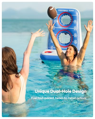 QPAU Inflatable Football Toss Game for Pool – Water Football Target with 4 Balls & 2 Pumps, Dual Net Design, Stable Base, Summer Pool Game for Kids & Adults (Blue+White) - color: Blue+white