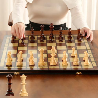 Large 17-Inch Magnetic Wooden Chess Set - Perfect for Adults and Beginners Handcrafted Unique Folding Design Board Games