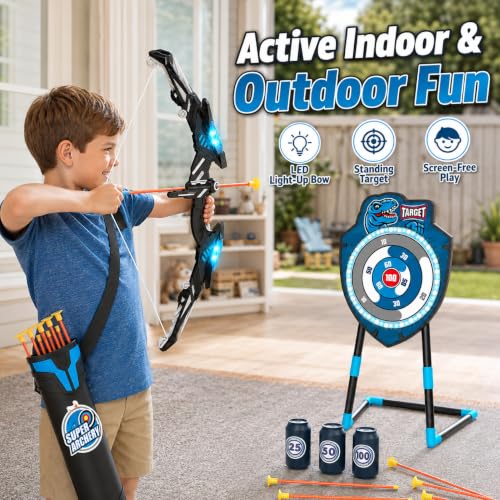 VROGTIK Kids Bow and Arrow Set, LED Light Up Archery Toy with Standing Target, 10 Suction Cup Arrows & Quiver, Indoor Outdoor Backyard Games, Birthday Gifts for Boys Girls Ages 3-12 - color: Blue