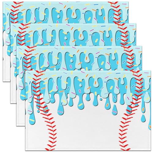 Castle Fairy Ice Cream Drip Baseball Kids Placemats Set of 4,Ball Sport Games Competition Table Place Mats,Summer Dessert Macaron Kitchen Decor,Blue White Placemat Kitchen Table Decoration 12"x18" - color: Blue White