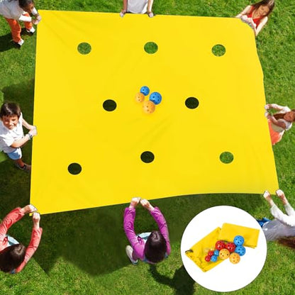 Sonyabecca Yellow Hole Tarp Team Building Games for Work with 8 Pcs Team Building Ball for Teamwork Group Learning Fun - size: 98''Lx71''W
