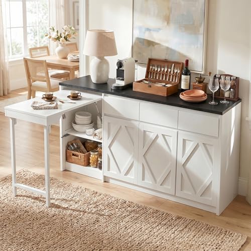 63" White Buffet Cabinet with Storage, Kitchen Sideboard with Folding Table | Modern Console Credenza with Drawers & Doors, Coffee Bar Cabinet for Dining Room, Entryway & Living Room