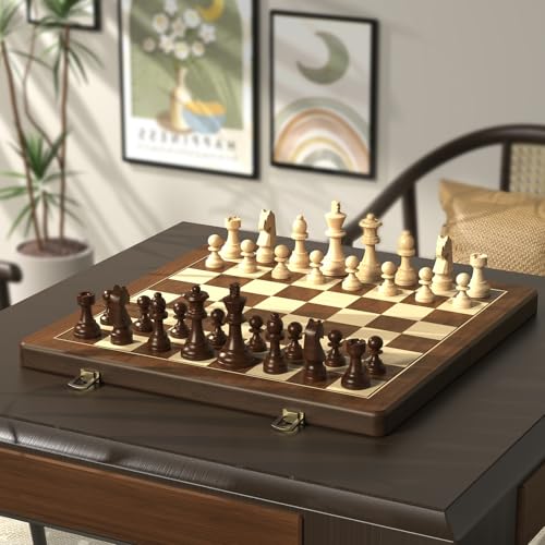 Premium Natural Walnut 15" Magnetic Wooden Folding Chess & Checkers Set- 2 in 1 Board Game with 3" King Staunton Pieces and 2 Extra Queens, Checkers, and Dust-Proof Storage Bag (Black) - color: Black