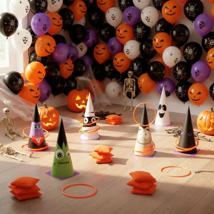 Soulchen 36 Pcs Carnival Games Set 3 in 1 Soft Plastic Cones Cornhole Bean Bags Ring Can Toss Carnival Games Combo for Adults Birthday Party Field Indoor Outdoor Supplies - style: Cute Little Ghost
