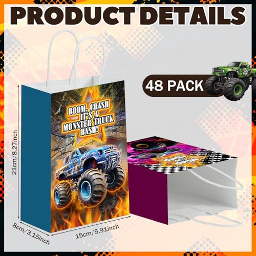 Kolldenn 48 Pcs Monster Truck Themed Goodie Bags with Handles Paper Truck Theme Gift Bag Racing Car Party Favors Candy Treat Pouch for Birthday Decorations Baby Shower Supplies - style: Truck
