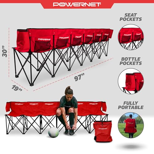PowerNet Carli Lloyd 6 Seater Team Bench, Backpack Style Carry Bag Included, Ultra Portable, Great for Teams, Soccer Basketball Football Practice and Games - color: Red