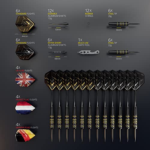 CC-Exquisite Darts Set | Professional 12 X 20/22g Metal Tip Darts | Steel Tip Darts with 24 Flights & 18 Aluminum shafts + Dart Tool, Rubber O-Rings - color: Gold
