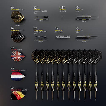 CC-Exquisite Darts Set | Professional 12 X 20/22g Metal Tip Darts | Steel Tip Darts with 24 Flights & 18 Aluminum shafts + Dart Tool, Rubber O-Rings - color: Gold