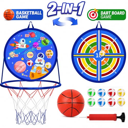 2 in 1 Basketball Hoop and Dart Board, 14" Dart Board for Kids, Basketball Hoop for Kids Toddlers, Sports & Outdoor Play, Birthday Gift Toys for 3 4 5 6 7 8 9 10 Year Old Boys Girls Kids, Party Favors - style: 2 in 1 Blue Outer Space Theme