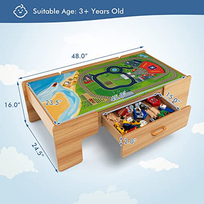 Costzon 2-in-1 Wooden Train Table with Storage Drawer | Kids Activity Table w/ 100 Pieces Railway, Track, Cars, City, DIY Design, Reversible Tabletop, Gift for Boys Girls - size: 48" x 24.5" x 16" (L x W x H)