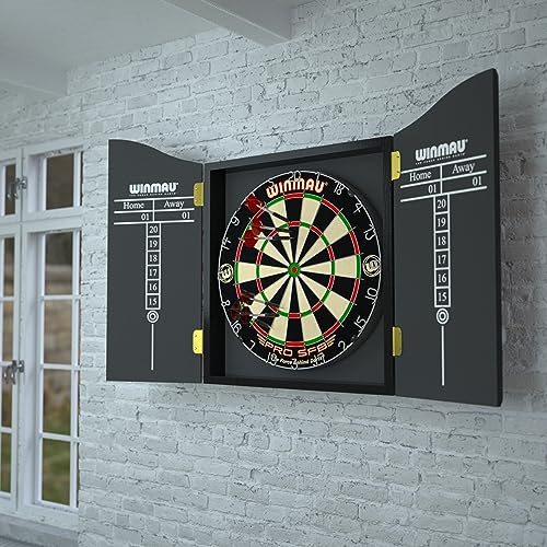 WINMAU Man Cave Complete Dartboard Cabinet Set - Pro-SFB Bristle Dartboard, 2 Sets Steel Tip Darts, Oche Strip & Scorecard, Home Games Room Darts Setup, Black