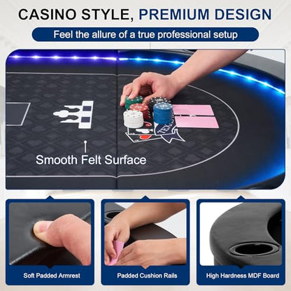 RAYKEEP LED Foldable Poker Table, 10 Players Folding Texas Holdem Blackjack Casino Table w/Inlaid 3-Color LED Light, Padded Rails & Cup Holders, Portable Card Game Table for Home Game Room & Parties - color: 84" Led