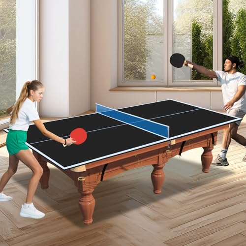 Ping Pong Table Top for Pool Table, Foldable & Portable Table Tennis Table Topper Indoor Outdoor Table Tennis Conversion Top w/Net & Premium Foam Padding - color: 9FT for 8FT Pool Table-Black