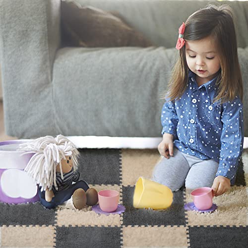 12 pcs Thickened Plush Interlocking Floor Mat 0.6" Thick- Fluffy Square Tiles with 12 Edgings Soft Anti-Slip Puzzle Area Rug Playmat for Room (11.8", Gray & Light Brown) - color: Gray & Light Brown
