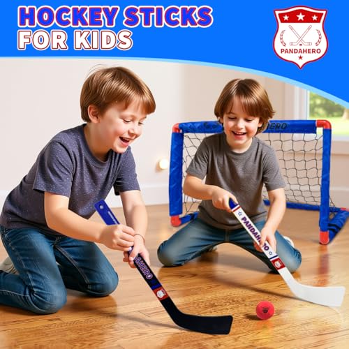 Pandahero Mini Hockey Net Set for Kids – Indoor Knee Floor Hockey Kit with 2 Goals - 27.5" x 18.3", 4 Mini Sticks & 8 Soft Foam Balls and Pucks – Indoor Toy Set for Boys & Girls