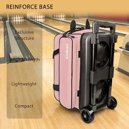 Goloni Double Roller 2 Ball Bowling Bag with Separate Shoe Compartment,2 Ball Bowling Bag with Wheels,Retractable Handle Extends to 40" - color: Meat pink