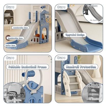 YUFU 5 in 1 Toddler Slide, Kids Slide with Climber, Basketball Hoop and Ball, Outdoor Indoor Playset for Toddlers Age 1-3 (Blue+Gray) - color: Blue+gray