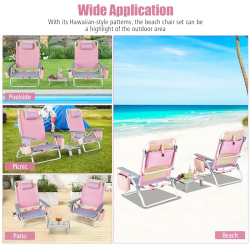 Tangkula Backpack Beach Chair with Table, 5-Position Lay Flat Chairs with Cooler Bag, 2 Cup Holders, Towel Bar, Lightweight Low Folding Chair with Backpack Straps, Pink - color: Pink, style: 2 Pack with Table
