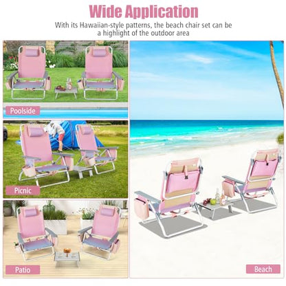 Tangkula Backpack Beach Chair with Table, 5-Position Lay Flat Chairs with Cooler Bag, 2 Cup Holders, Towel Bar, Lightweight Low Folding Chair with Backpack Straps, Pink - color: Pink, style: 2 Pack with Table