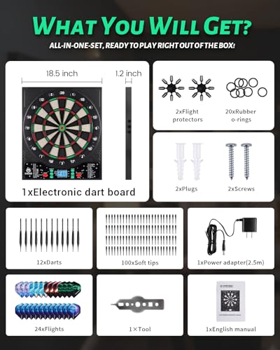 WIN.MAX Electronic Dart Board, Soft Tip Digital Dartboard for Adults, 34 Games 355 Variants Auto Scoring, 12 Darts 100 Tips, Adapter/Batteries, LCD Display Wall Mount for Home Bar Party Game Room