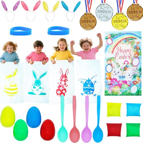 27 Pack Easter Outdoor Party Games for Kids, 4 Bunny Potato Sack Race Jumping Bags, 4 Egg and Spoon Games, Toss Banner and 4 Bean Bags, Legged Relay Race Bands, Easter Games Prizes Supplies