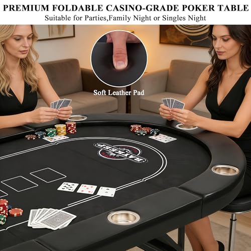 RAYKEEP 84" Poker Table for 10 Players, Foldable Texas Holdem Table with Padded Rails & 10 Cup Holders, Portable Casino Board Game Table for Game Room, Blackjack, Party (Black) - color: 84“