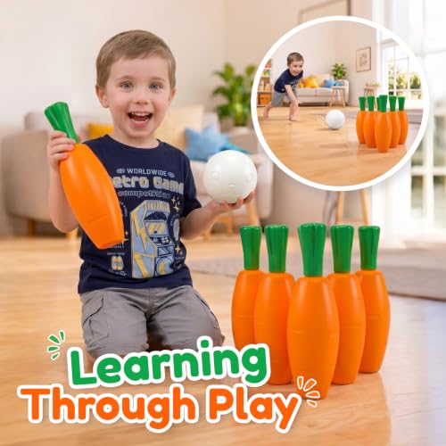 Carrot Bowling Set for Toddlers & Kids – 6 Pins, 2 Bunny Balls & Bag – Safe Indoor Active Play – Fun Summer Activity & Birthday Gift for Ages 3–6