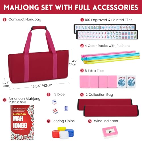 American Mahjong Tile Set,166 Pink Tiles Mahjong Set,4 Colors Mahjong Racks,Travel Mahjong Set with Red Carrying Bag - style: Pink Tile