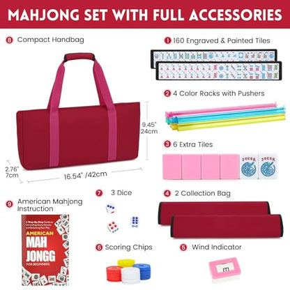 American Mahjong Tile Set,166 Pink Tiles Mahjong Set,4 Colors Mahjong Racks,Travel Mahjong Set with Red Carrying Bag - style: Pink Tile