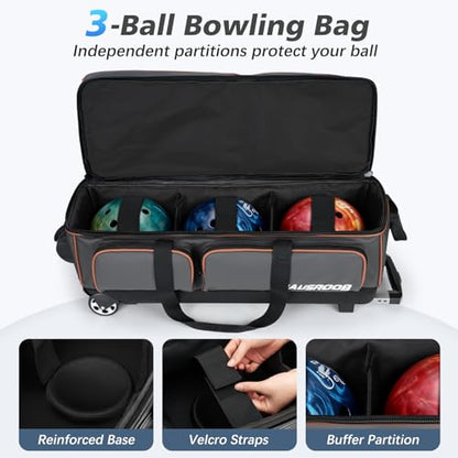 3 Ball Bowling Bags with Wheels, Bowling Bags 3 Ball Roller - 900D Oxford Waterproof PU, Bowling Bag with Multi-Separate Storage Pockets & Retractable Handle Extends to 40'' - color: Gray