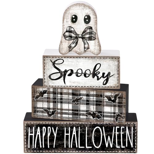 DIYDEC 4Pcs Halloween Table Decoration Happy Halloween Wooden Block Sign Ghost Rustic Tiered Tray Decor Centerpiece Sign for Farmhouse Holiday Tabletop Coffee Fireplace Shelf Desk Party Decor - style: Ghost