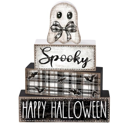 DIYDEC 4Pcs Halloween Table Decoration Happy Halloween Wooden Block Sign Ghost Rustic Tiered Tray Decor Centerpiece Sign for Farmhouse Holiday Tabletop Coffee Fireplace Shelf Desk Party Decor - style: Ghost