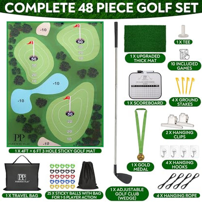 Golf Chipping Mat with Adjustable Golf Club - 48 Piece Outdoor Indoor Golf Game for 1-5 Players - Giant Turf Hitting Mat with Tee, 25 Sticky Balls, Travel Bag Included - Golf Gift for Teens & Adults - style: MAT SET