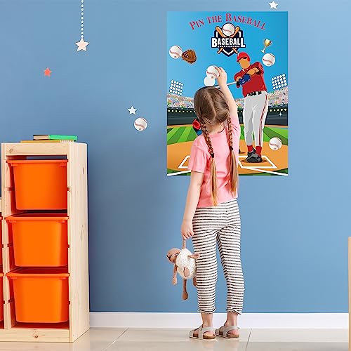 PLULON Pin The Baseball Party Game for Kids Pin The Baseball on The Glove and Bat Large Poster with Stickers for Boys Girls Birthday Party Wall Decorations Classroom Activities - style: Baseball