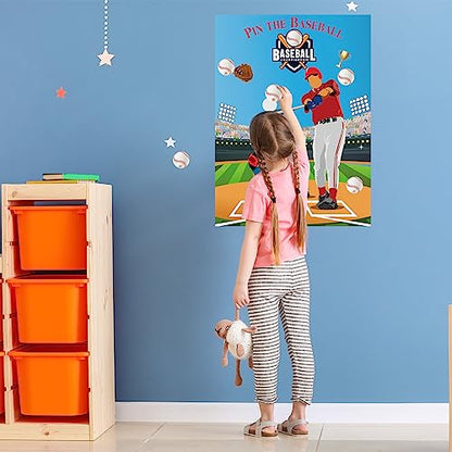 PLULON Pin The Baseball Party Game for Kids Pin The Baseball on The Glove and Bat Large Poster with Stickers for Boys Girls Birthday Party Wall Decorations Classroom Activities - style: Baseball