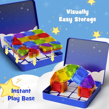 Mini Magnetic Tiles Travel Kit for Kids Ages 3-8, 60pcs Portable Magnetic Building Blocks with Visual Storage Guide & Metal Play Base, STEM Sensory Toys for Preschool Learning - style: Mini Magnetic Tiles Travel Construction Set - 60PCS