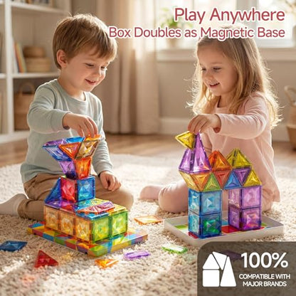 Magnetic Tiles for Kids Gift: 48 PCS Diamond Large Magnet Building Blocks in Storage Tin Box - 7.5cm Big Size 3D STEM Sensory Toy - Boys Girls Age 3-6 Birthday Party - style: Large Magnetic Tiles - 48PCS
