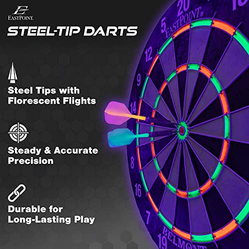 EastPoint Blacklight Dart Board - 18" Bristle Sisal 6 Steel Tip Darts - Glow Ring & Flights for Man Cave Accessories - Staple-Free Bullseye for Bar Games - Self-Healing Sisal - Indoor Games for Adults