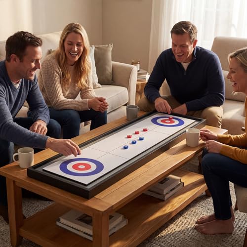 Goplus Shuffleboard and Curling 2 in 1 Board Game, Portable 2 Sided Tabletop Shuffle Board Game with 8 Rolling Pucks, Wooden Shuffleboard and Curling Combo Game Set for Adults